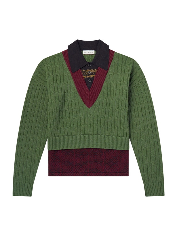 Photo: Dries Van Noten - Jacquard-Trimmed Cable-Knit Wool and Cotton-Blend Sweater - Green