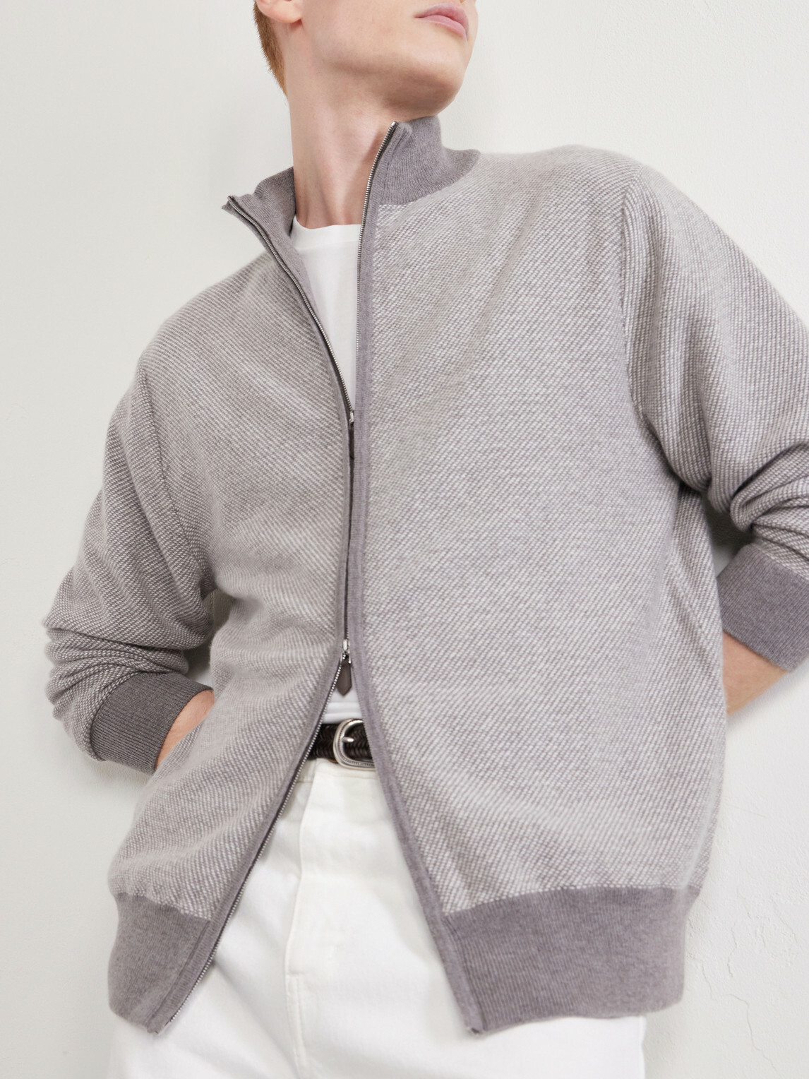 N.PEAL - Birdseye Textured Organic Cashmere Zip-Up Cardigan - Gray