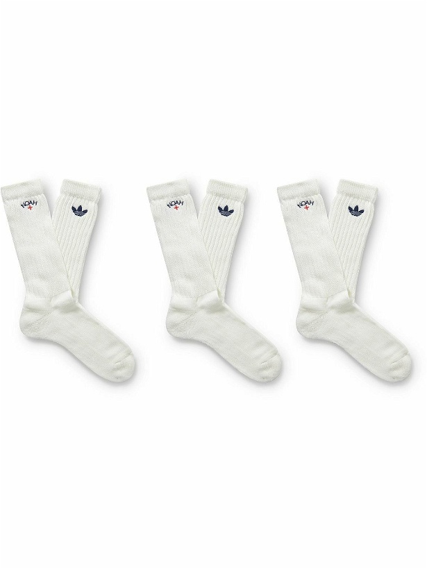 Photo: adidas Consortium - Noah Logo-Embroidered Ribbed Cotton-Blend Socks - White