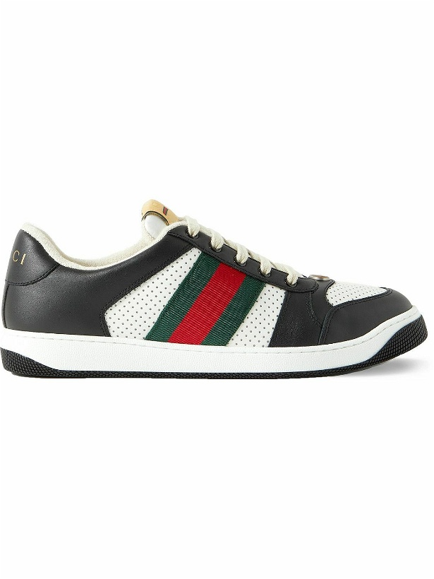 Photo: GUCCI - Screener Webbing-Trimmed Perforated Leather Sneakers - Black