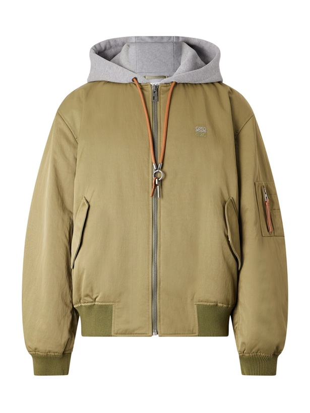 Photo: LOEWE - Anagram-Embroidered Leather and Jersey-Trimmed Satin Bomber Jacket - Green