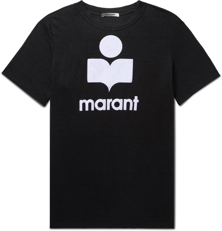 Photo: ISABEL MARANT - Karman Logo-Flocked Slub Linen T-Shirt - Black