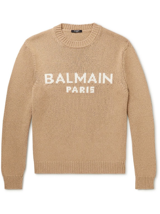Photo: Balmain - Logo-Intarsia Merino Wool Sweater - Brown