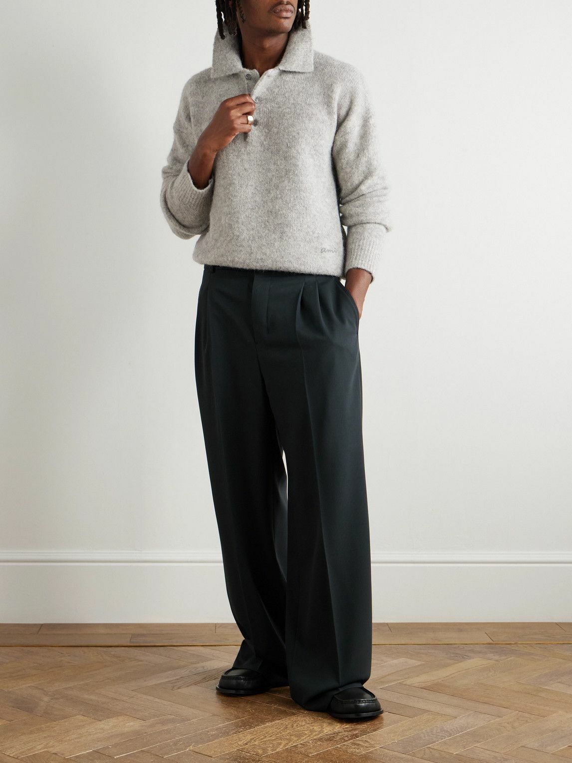 AMI PARIS - Logo-Embroidered Brushed-Knit Polo Shirt - Gray