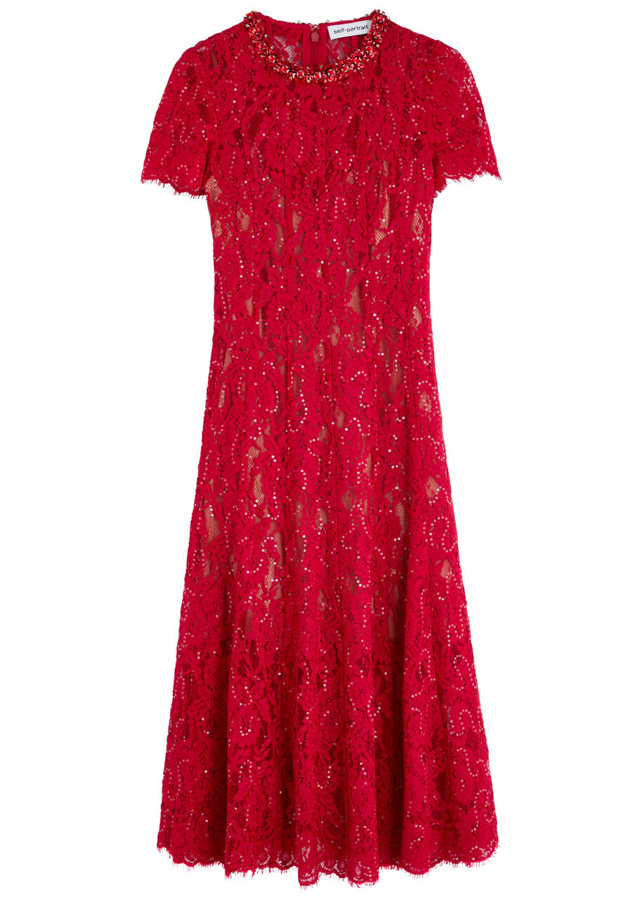 chinese dress ladies Self-Portrait Women's Guipure Lace Midi Dress - Red