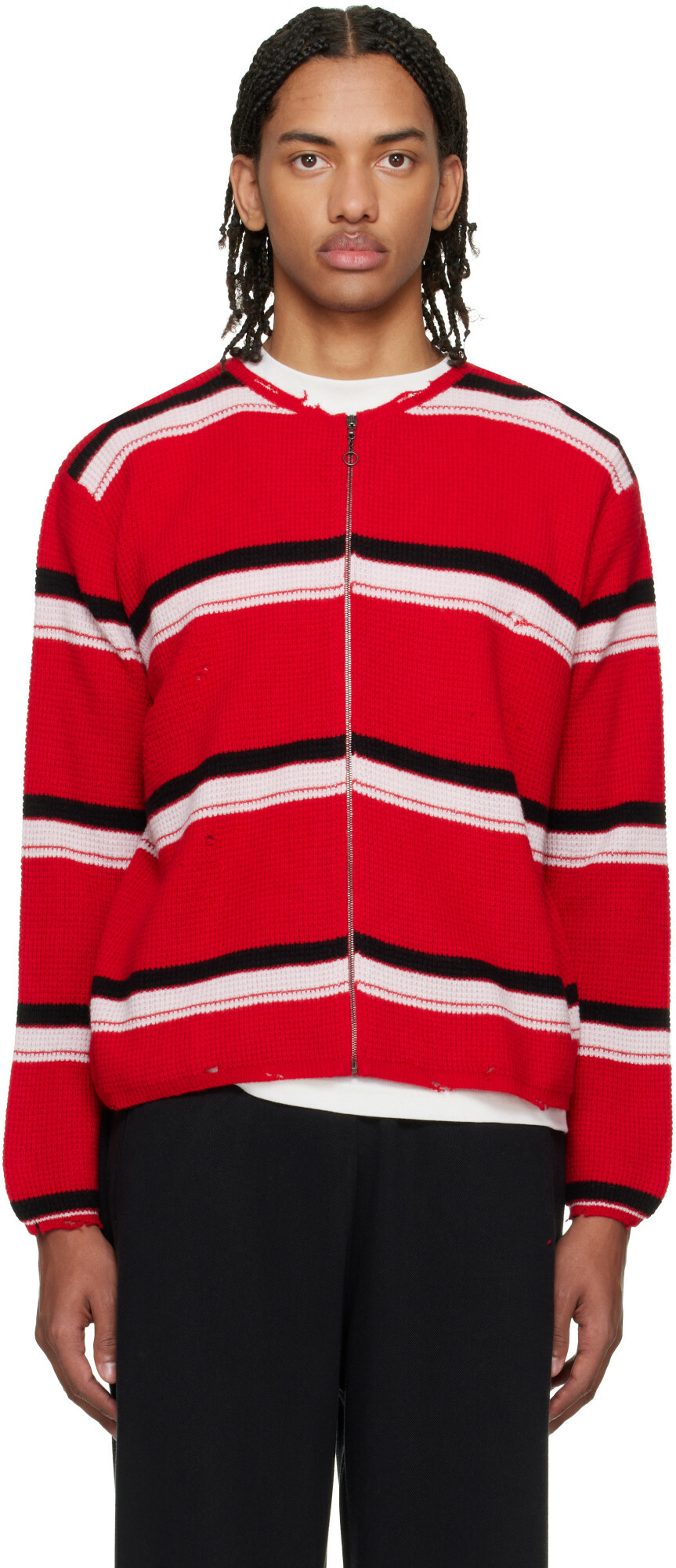 Second/Layer Red Friends Zip Up Waffle Knit Sweater