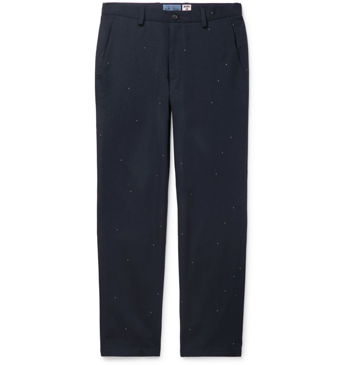 Photo: Blue Blue Japan - Navy Embroidered Wool-Blend Twill Trousers - Blue