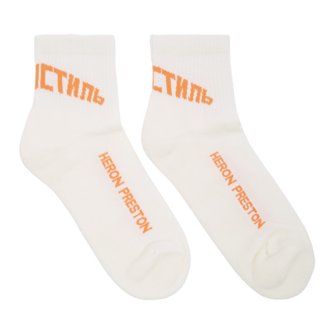 Photo: Heron Preston White and Orange Logo Socks