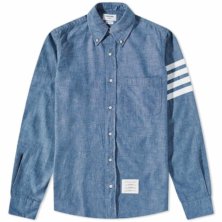 Photo: Thom Browne Men's 4 Bar Button Down Chambray Shirt in Blue