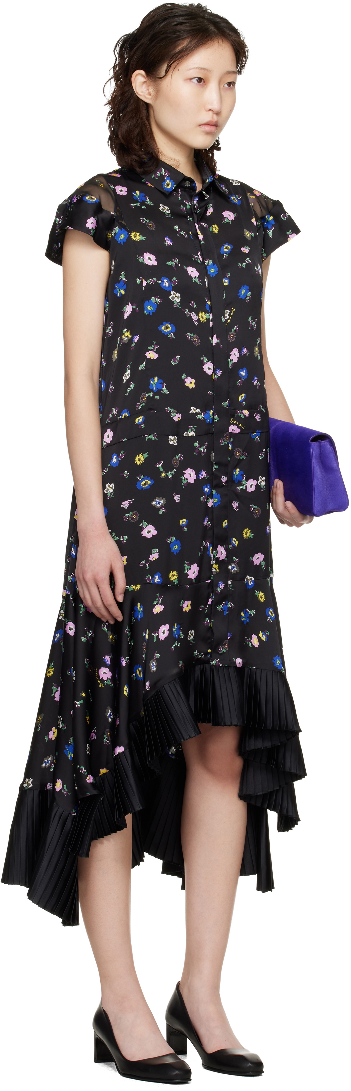 sacai Black Floral Printed Midi Dress