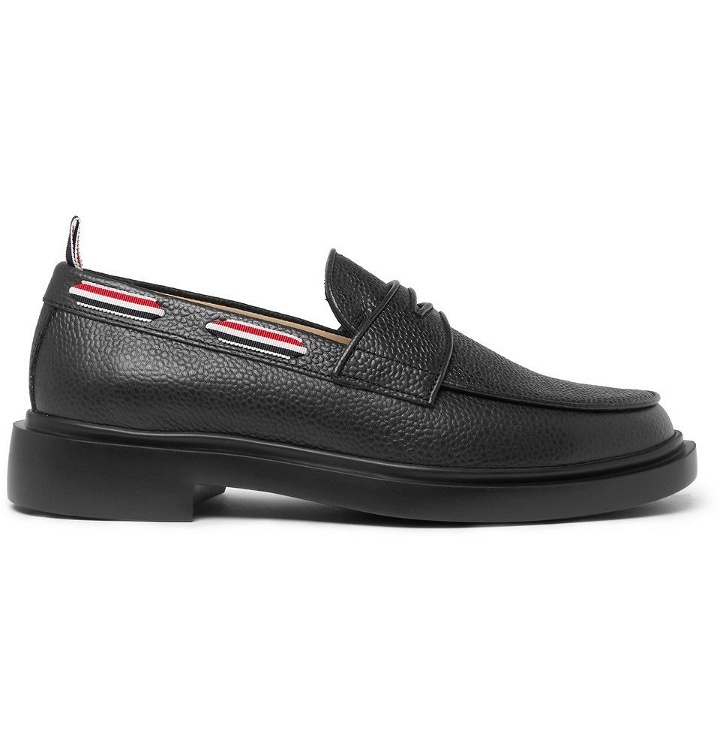 Photo: Thom Browne - Grosgrain-Trimmed Pebble-Grain Leather Penny Loafers - Black
