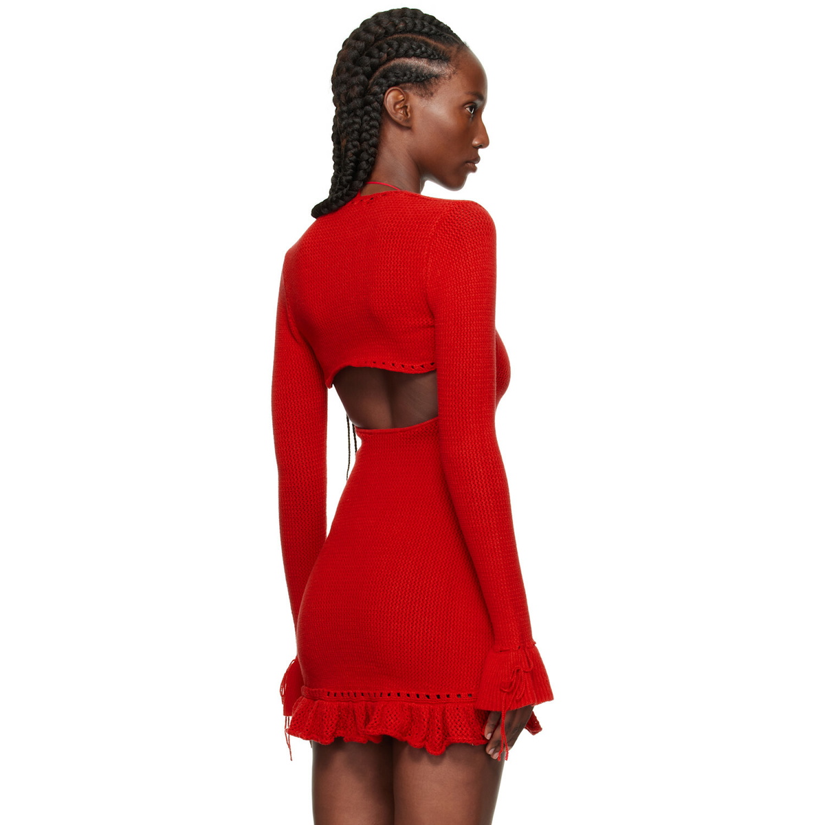GUIZIO Red Crochet Ruffle Sleeve Bolero Cardigan