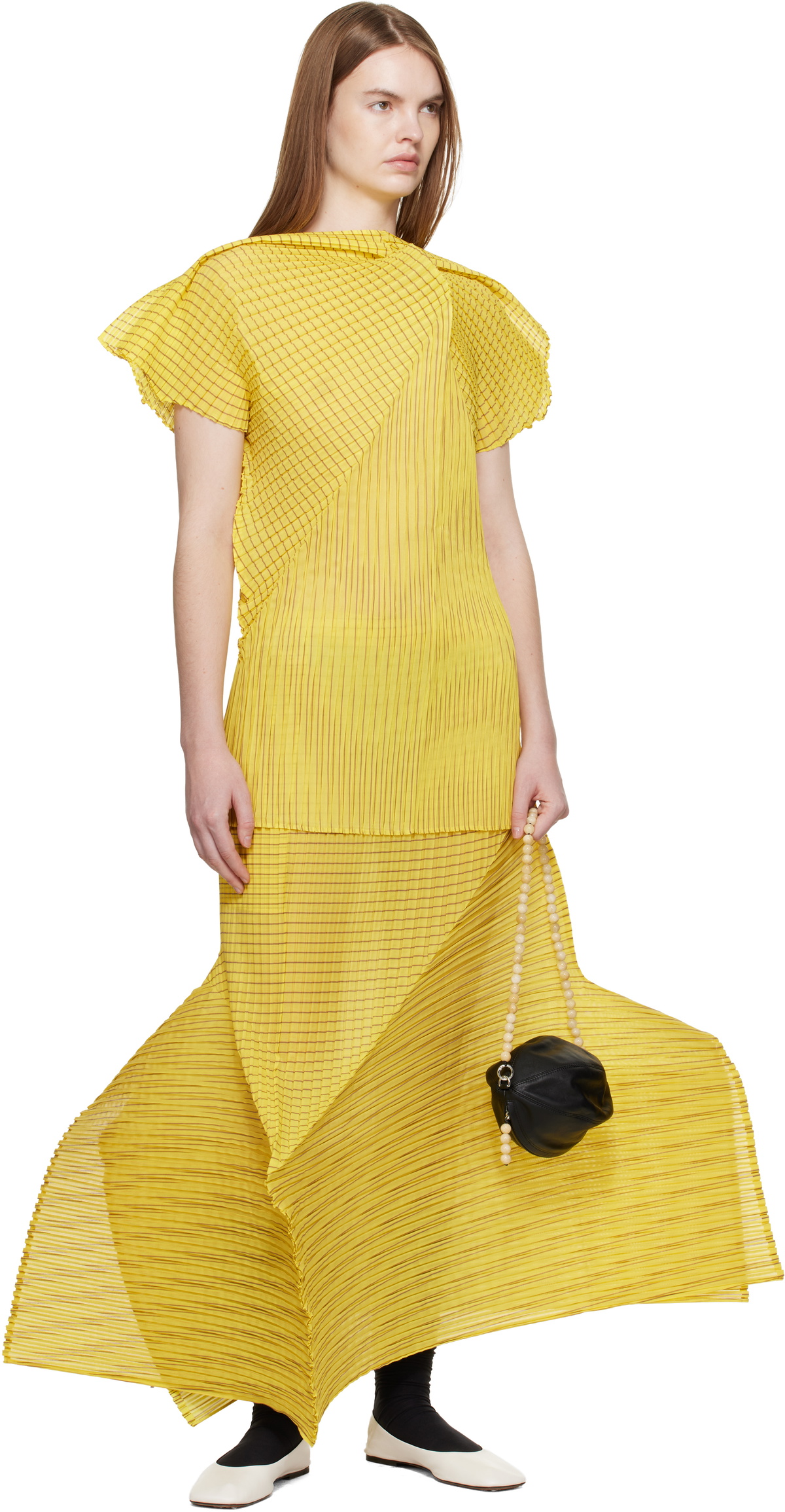 ISSEY MIYAKE Yellow Generic Stripes Machine Pleats Midi Skirt