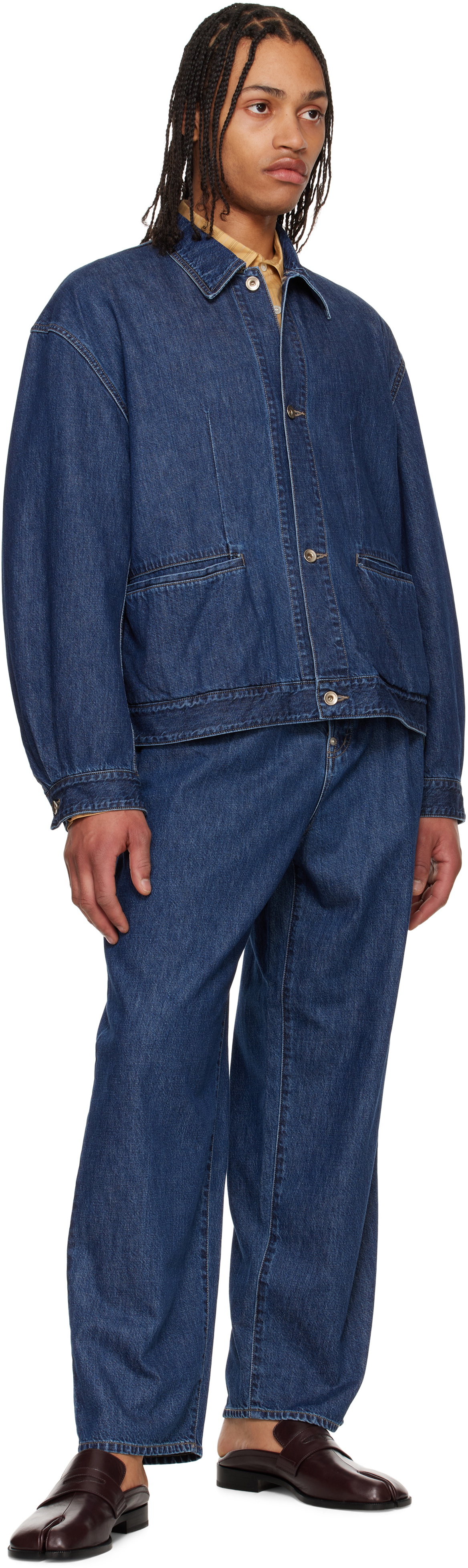 SOSHIOTSUKI Blue Manipulation Drape Pocket Washed Denim Jacket