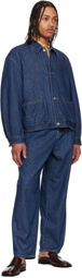 SOSHIOTSUKI Blue Manipulation Drape Pocket Washed Denim Jacket