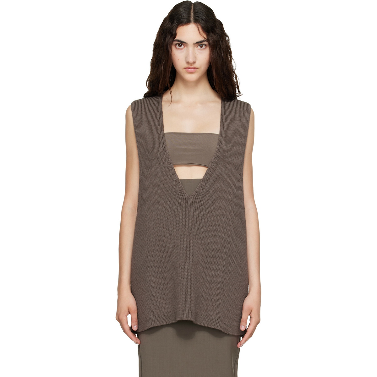 Rick Owens Gray Tower Wool Knit V Neck Vest