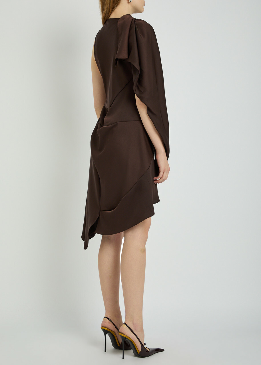 Aaron Esh Cape-effect Asymmetric Satin Mini Dress Brown