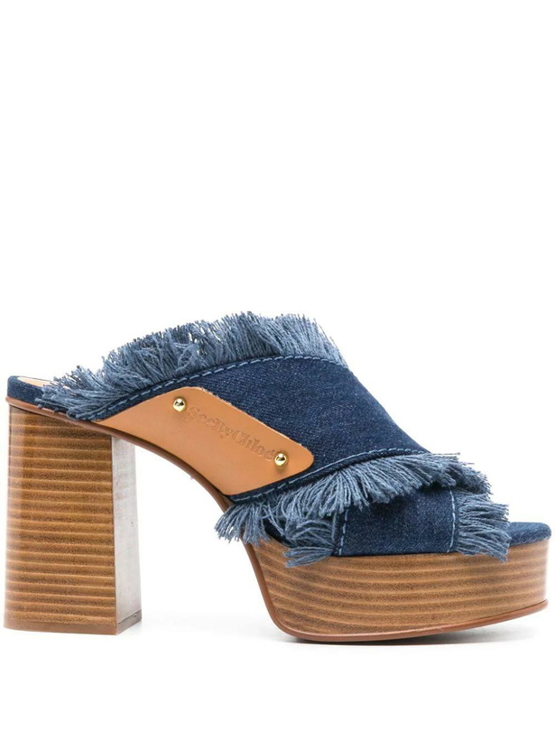 Photo: See by Chloé 100mm Frayed-detailing Denim Mules