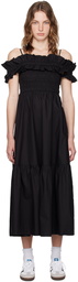 GANNI Black Shirred Midi Dress