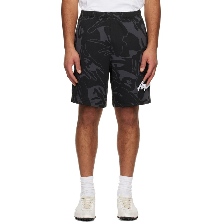 Photo: AAPE by A Bathing Ape Black 'AAPENOW' Moonface Logo Camo Sweat Shorts