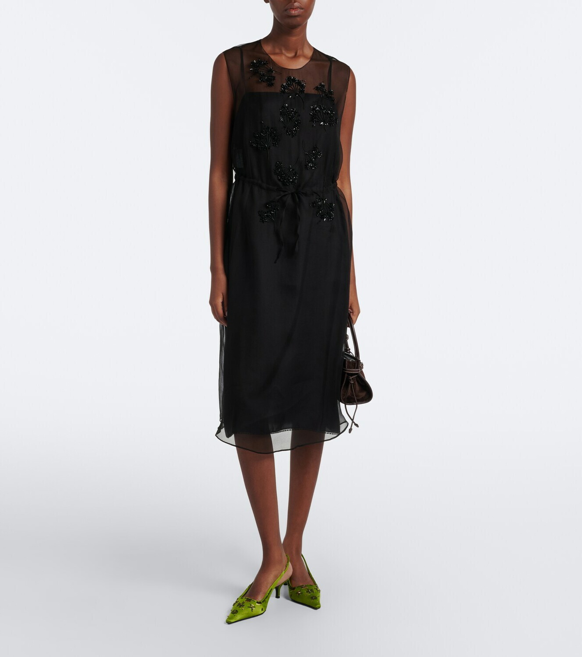 Prada Floral-appliqué silk midi dress