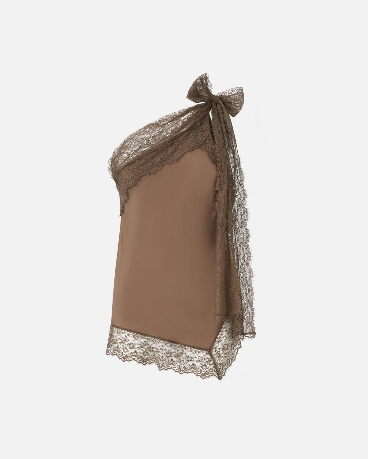 Pinko One Shoulder Top With Lace Trim Brown   Tec