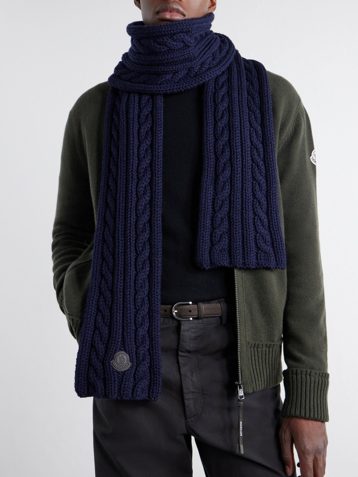 Moncler - Logo-Appliqué Cable-Knit Virgin Wool Scarf