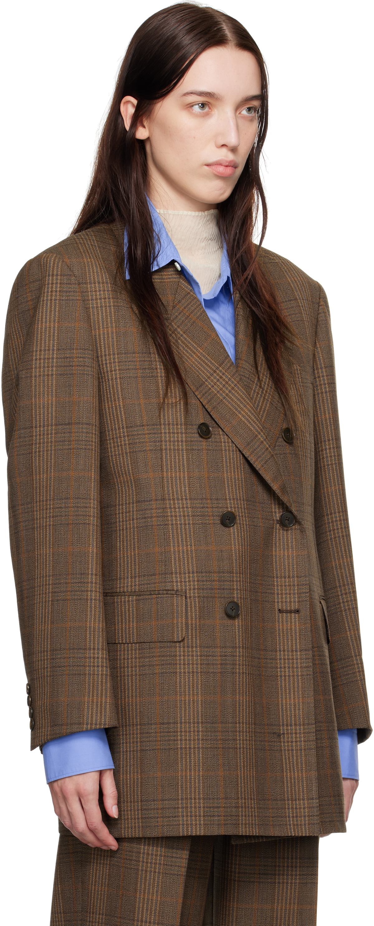 AURALEE Brown Bluefaced Wool Check Double-Breasted Blazer