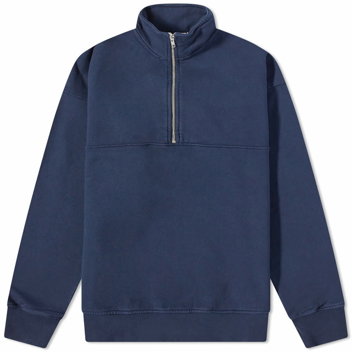 Photo: Colorful Standard Men's Organic Quarter Zip Popover Sweat in Navy Blue