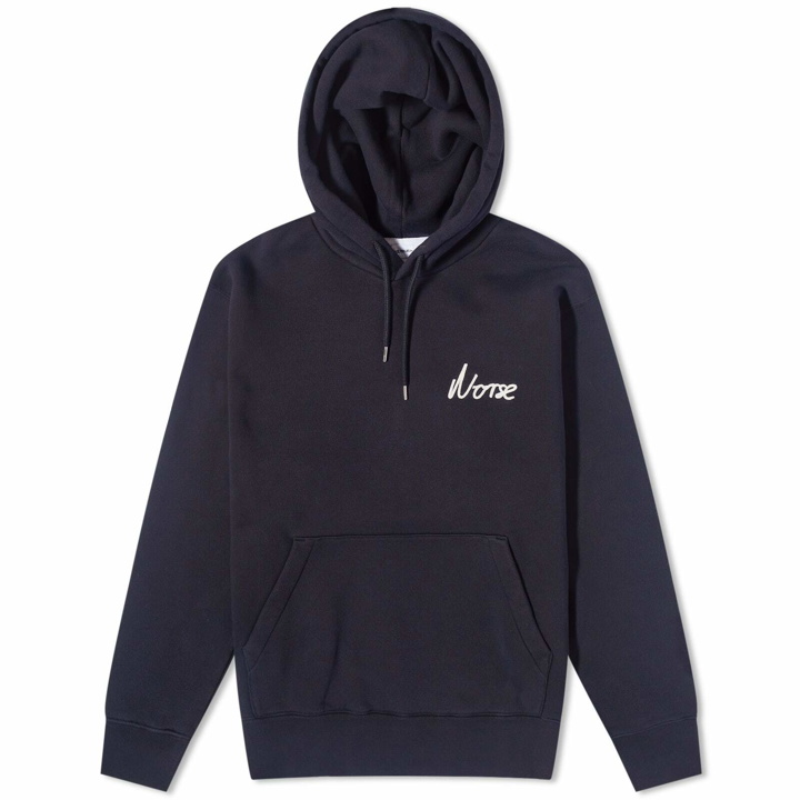 Photo: Norse Projects Men's Arne Relaxed Chain Stitch Logo Hoodie in Dark Navy