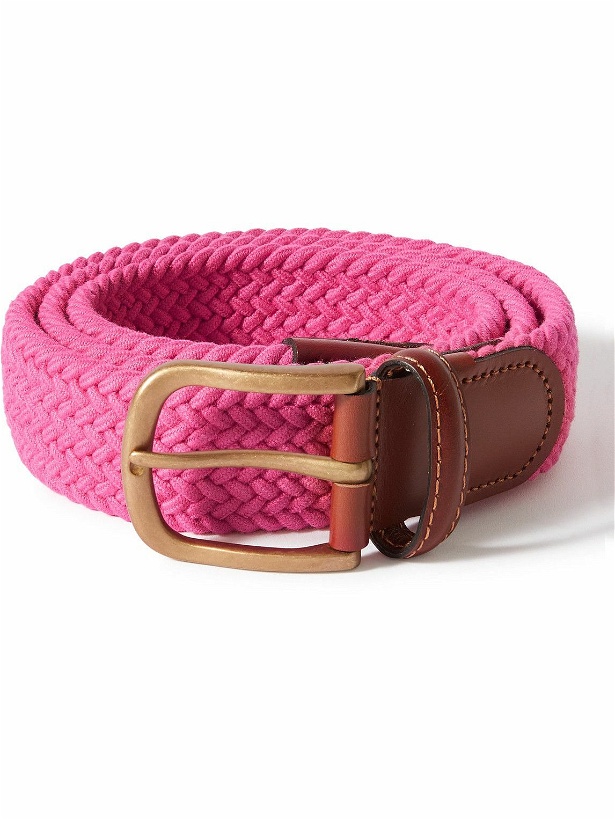 Photo: Anderson & Sheppard - 3.5cm Leather-Trimmed Woven Stretch-Cotton Belt - Pink