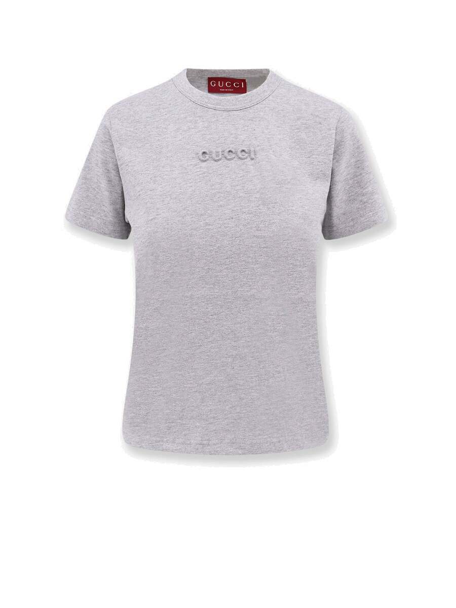 Tシャツ・カットソー GUCCI Women Tops 788093XJG6T 1230 Grey Printed cotton jersey T-shirt in white | GUCCI® US