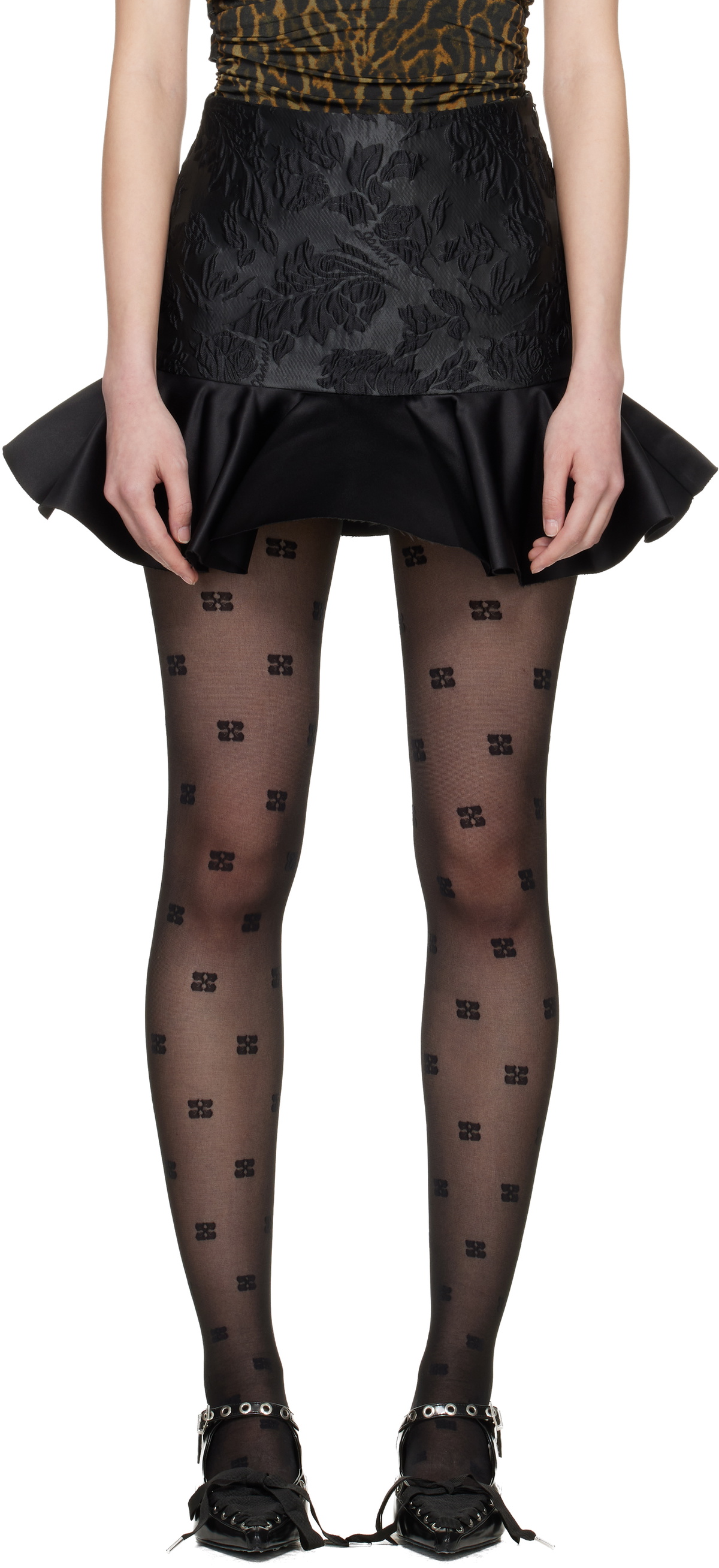 GANNI Black Satin Cloque Miniskirt