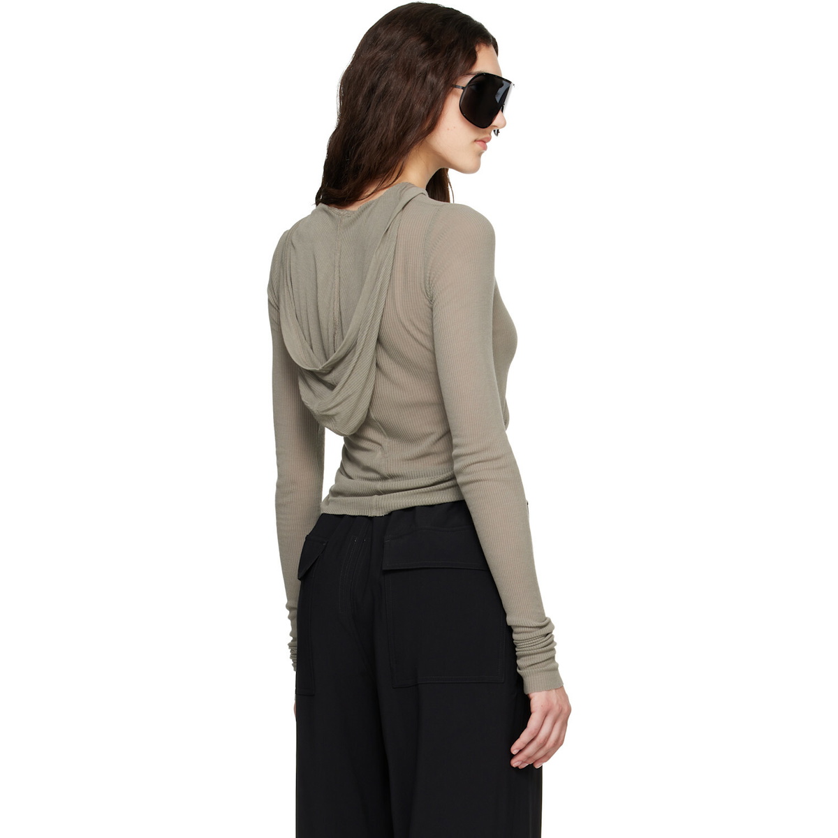Rick Owens Taupe Tower Cropped Hooded Rib LS T-shirt