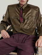 SAINT LAURENT - Tapered Belted Pleated Silk Trousers - Purple