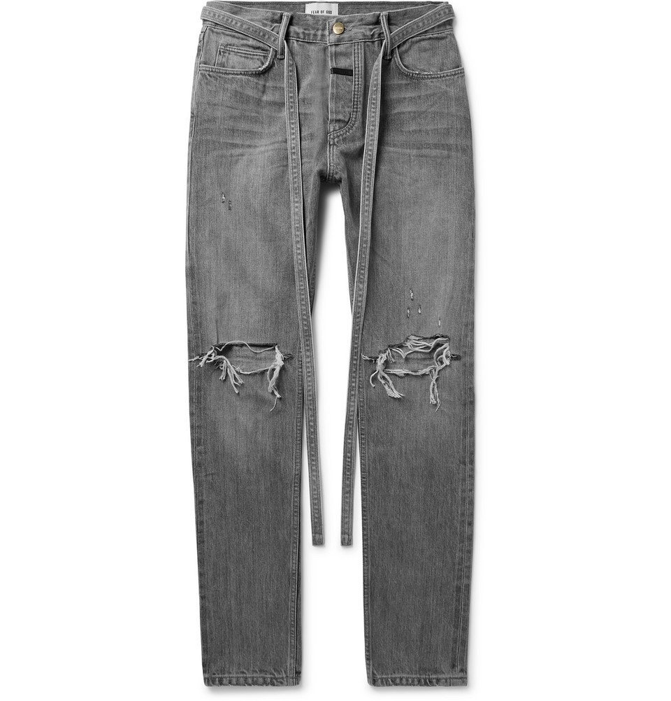 Photo: Fear of God - Slim-Fit Belted Distressed Selvedge Denim Jeans - Gray