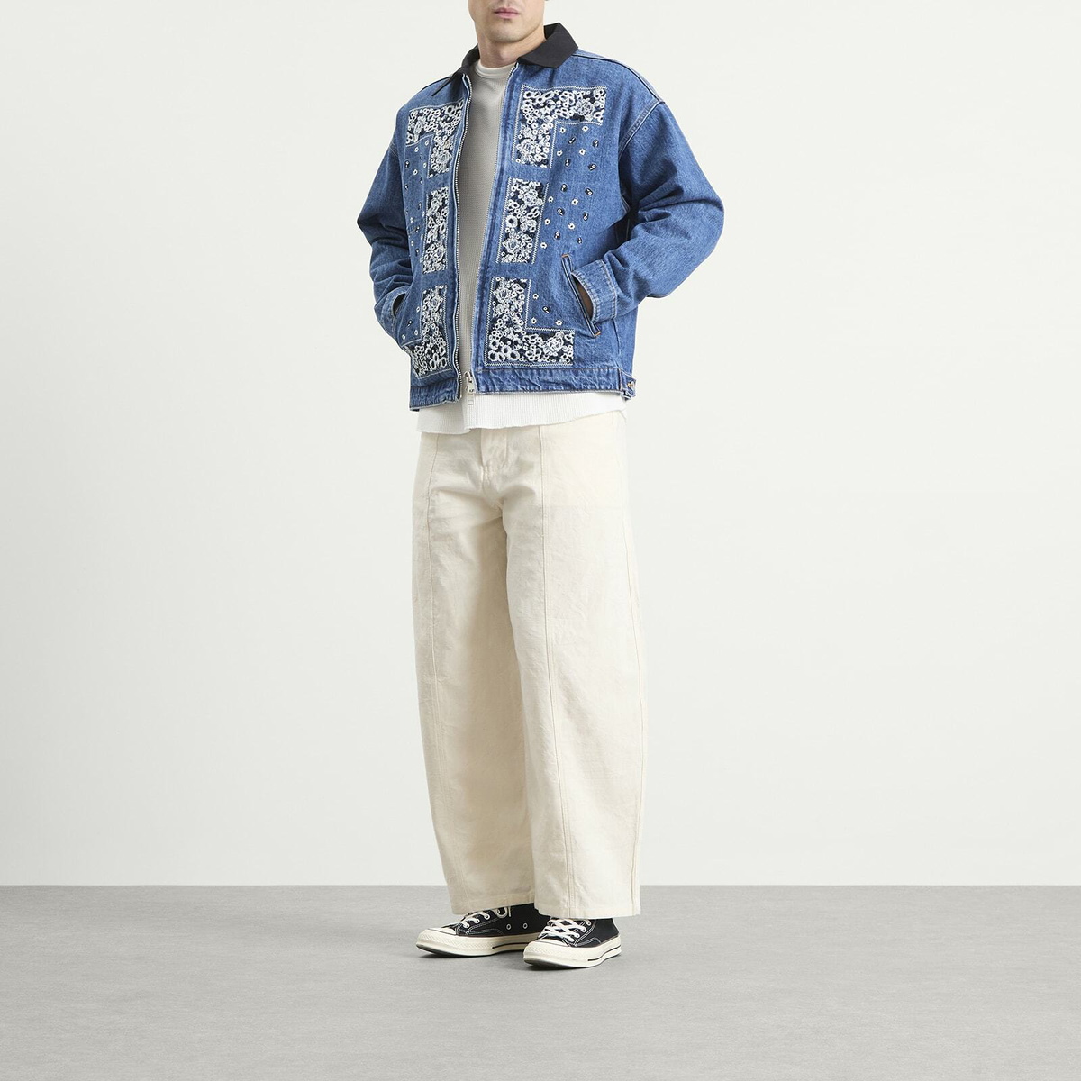 NOMARHYTHM TEXTILE Men's Bandana Embroidery Denim Jacket in Indigo/White