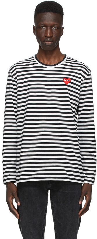 Photo: COMME des GARÇONS PLAY Black & White Striped Heart Patch Long Sleeve T-Shirt