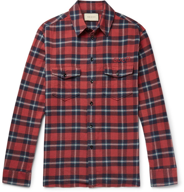 Photo: Gucci - Oversized Embroidered Checked Cotton-Flannel Shirt - Men - Red