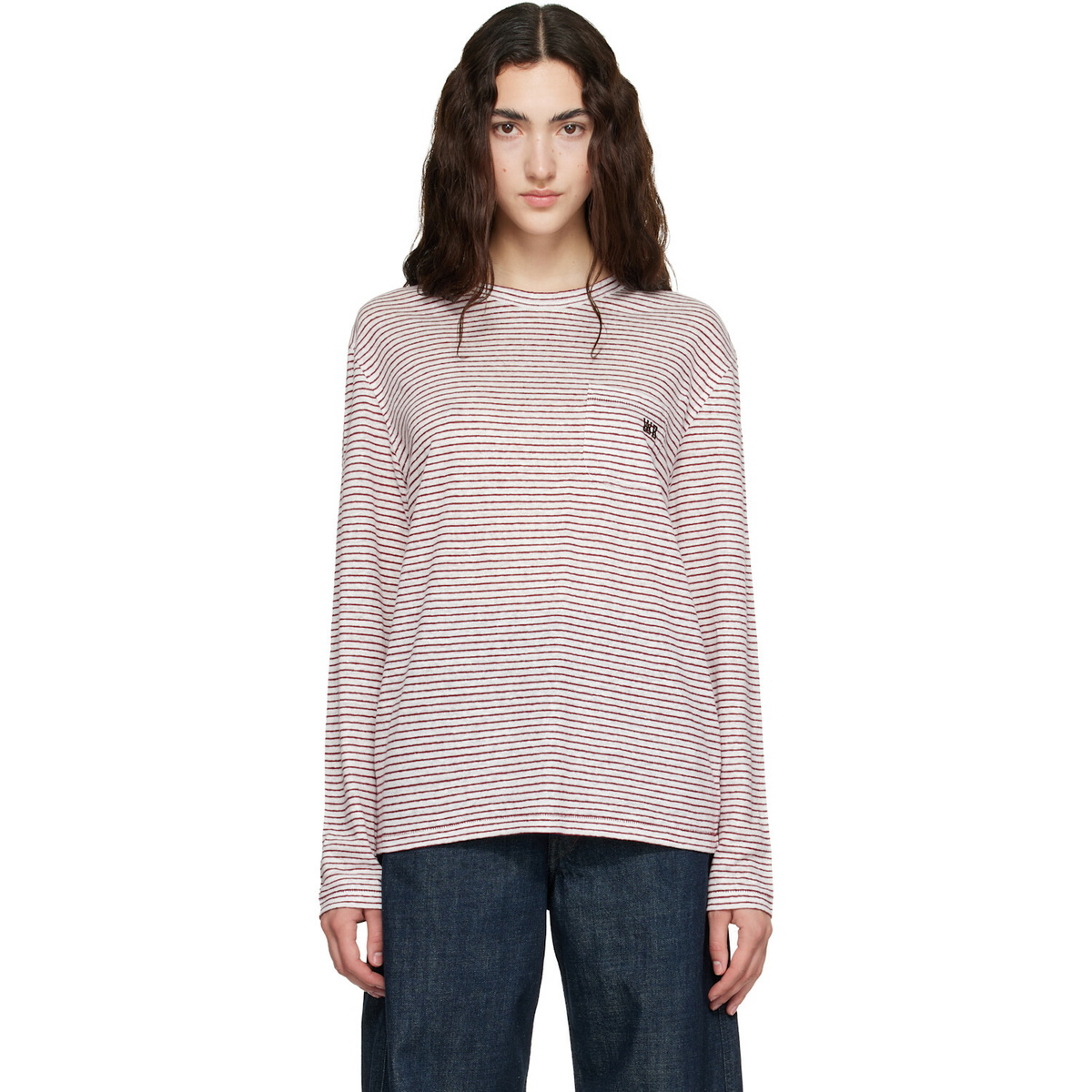 Wales Bonner Off-White & Burgundy Linen Stripe Jersey Hour T-shirt
