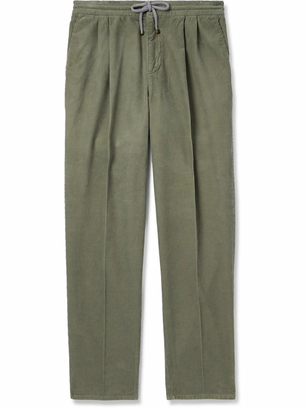 Photo: Brunello Cucinelli - Straight-Leg Pleated Cotton-Corduroy Drawstring Trousers - Green