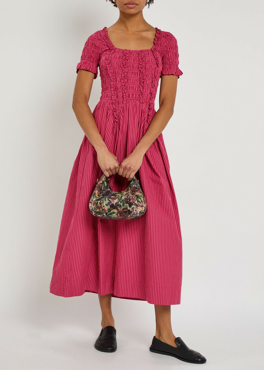 Damson Madder Raphaela Striped Cotton Midi Dress Red