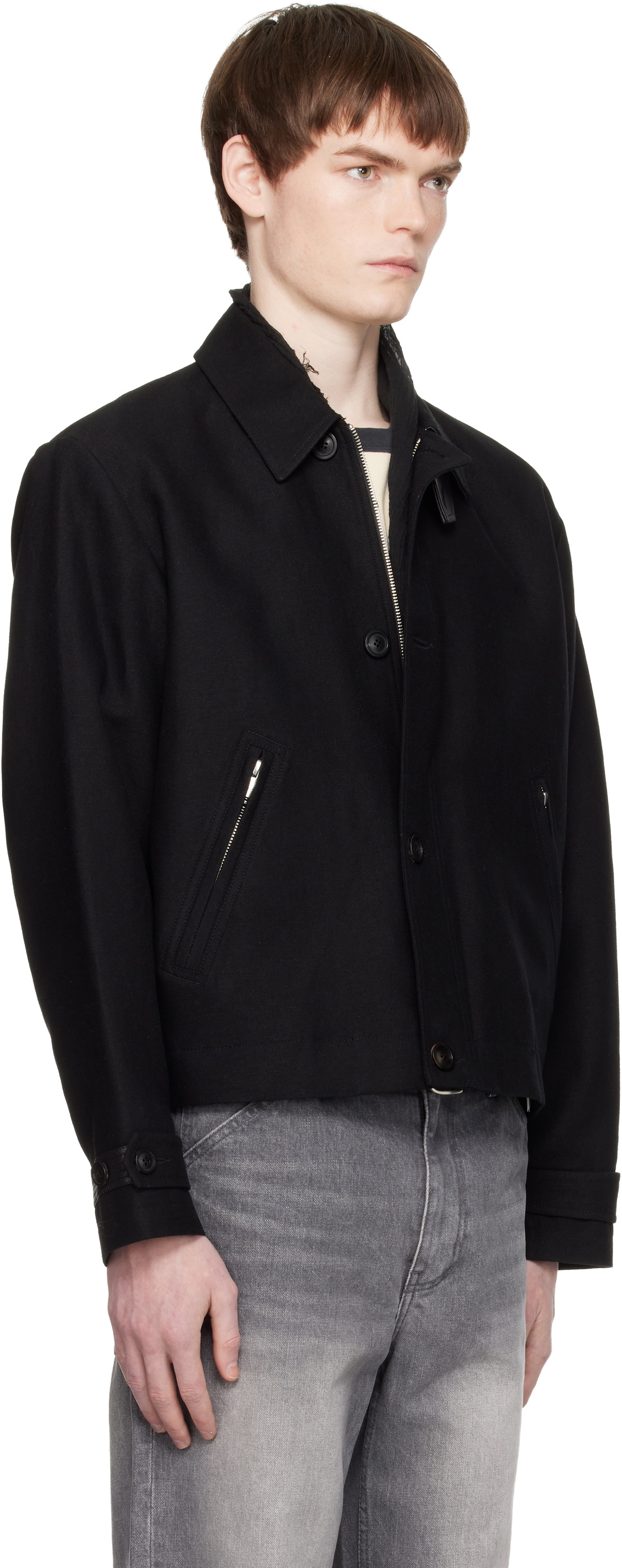 COOR Black Wool Linen Blend Leather Tab Jacket
