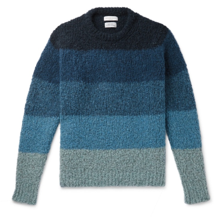 Photo: Richard James - Striped Wool-Blend Bouclé Sweater - Blue