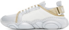 Moschino Silver & White Logo Tape Teddy Sneakers