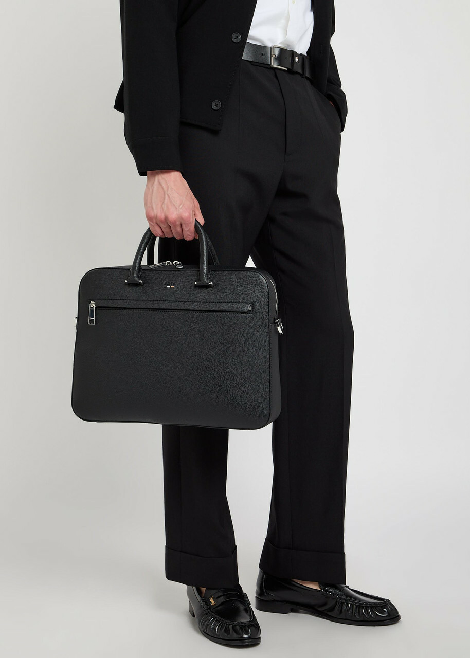 Boss Logo Grained Leather Briefcase - Black - One Size