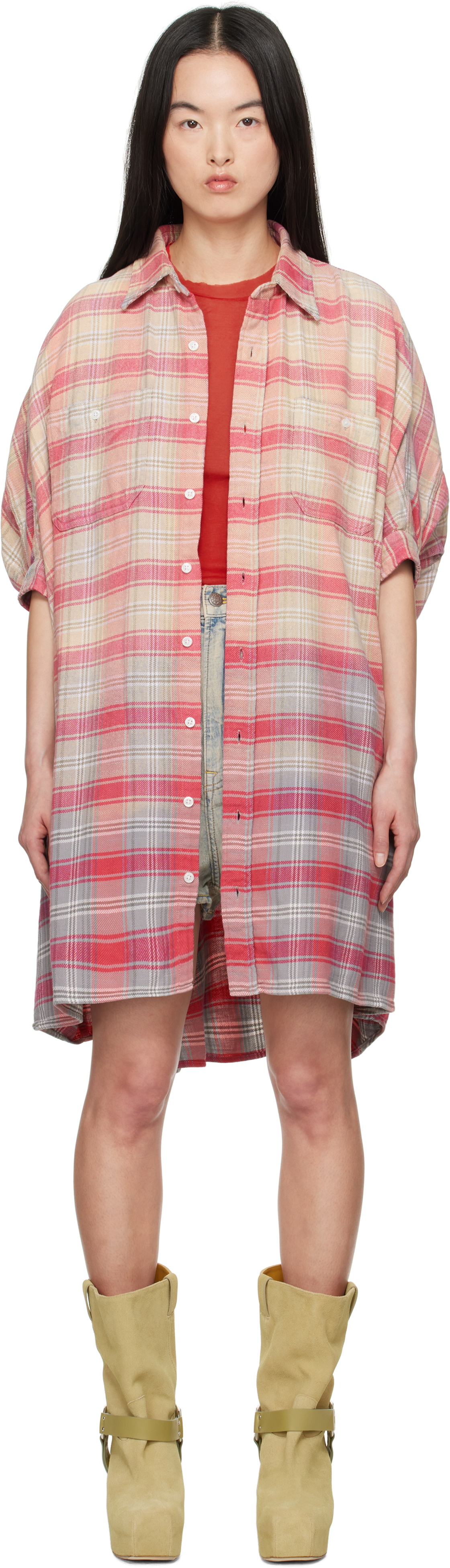 R13 Pink Plaid Oversized Boxy Shirt Minidress