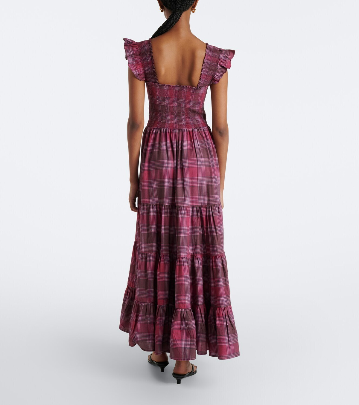 Rixo Kendall shirred plaid cotton maxi dress