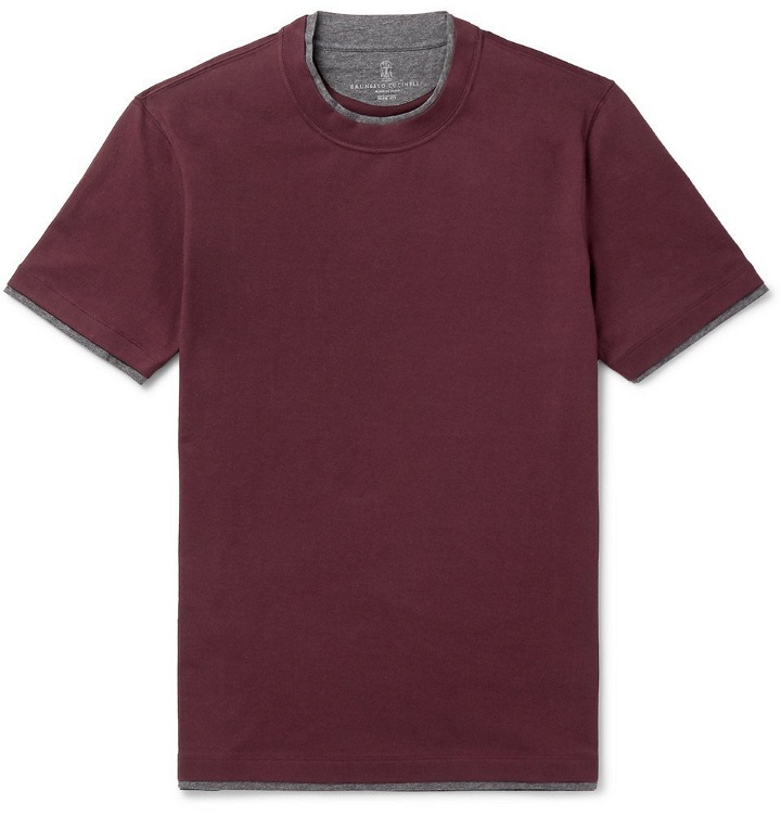 Photo: Brunello Cucinelli - Slim-Fit Layered Cotton-Jersey T-Shirt - Burgundy