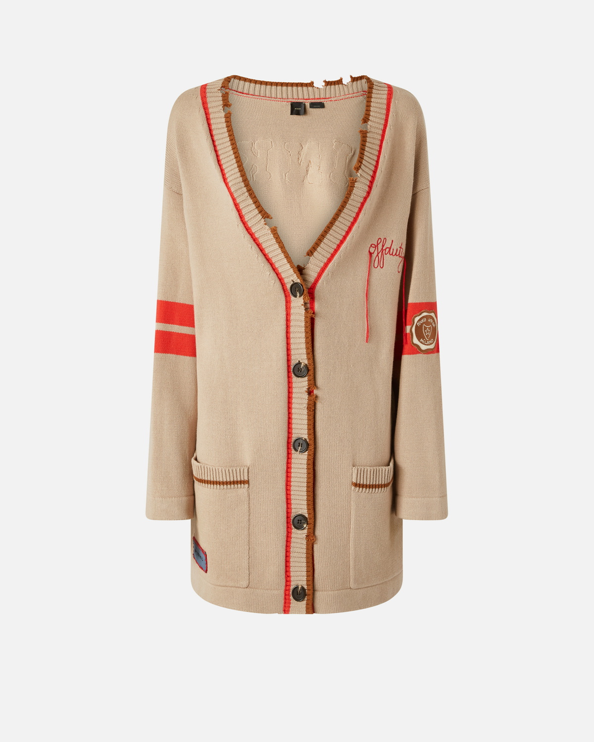 Pinko Varsity Style Cardigan With Embroidery And Patch Multicolour: Beige/Red